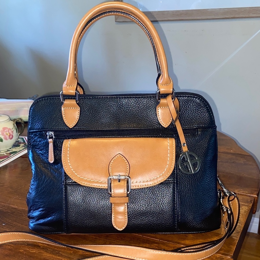Gianni Bernini Bag Satchel Crossbody Black Pebbled Leather NWOT